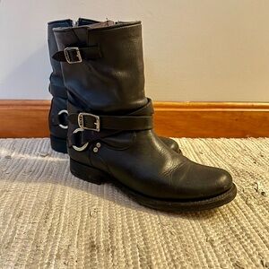 Frye Black Leather Harness Moto Boots